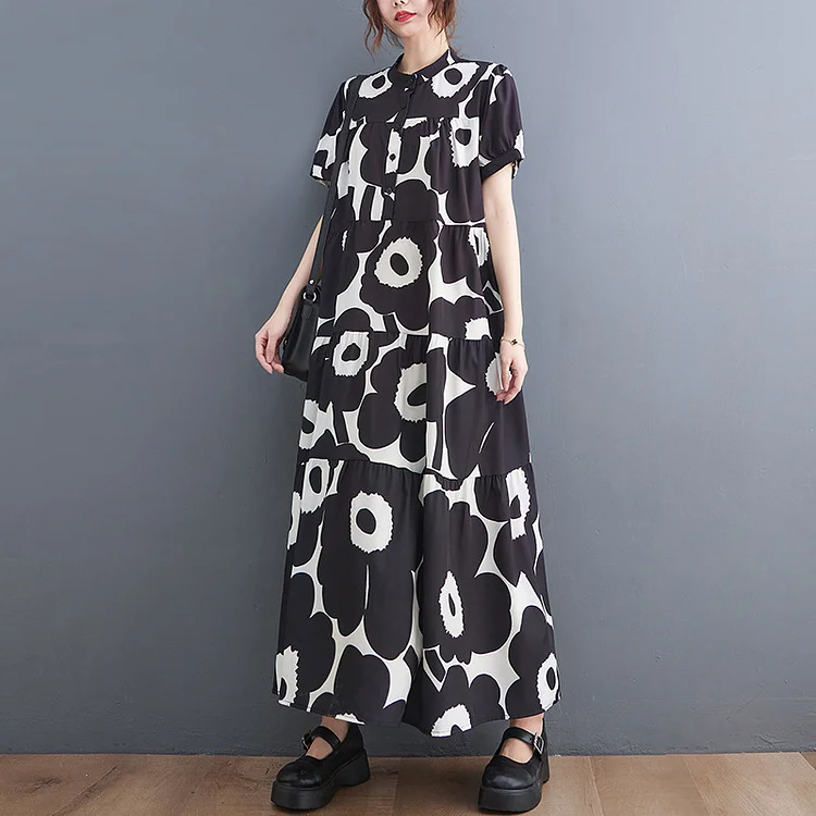 Loose Black Printed Short Sleeve Midi Dress