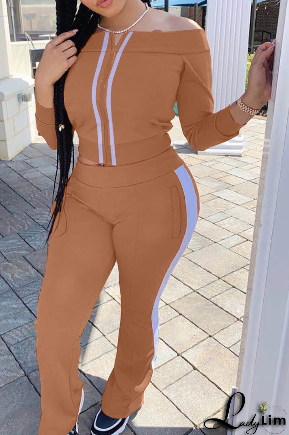 Pink Casual Solid Split Joint Off the Shoulder Long Sleeve Two Pieces