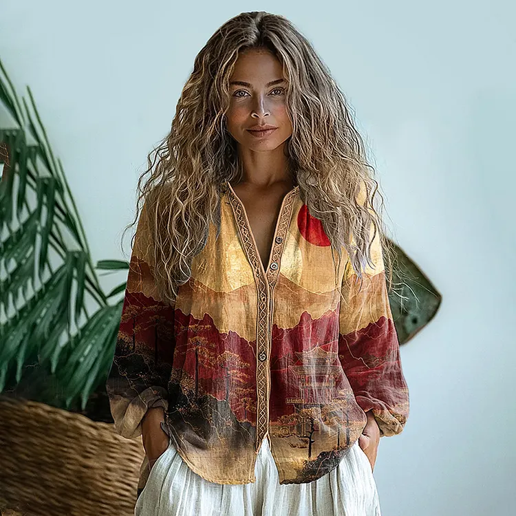 Bohemian Style Linen Sunrise Art Print Long Sleeve Shirt