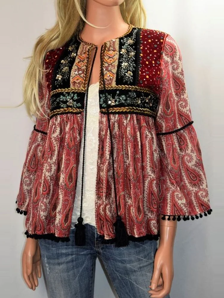 Vintage Ethnic Colorblock Fringed 3/4 Sleeve  Jacket