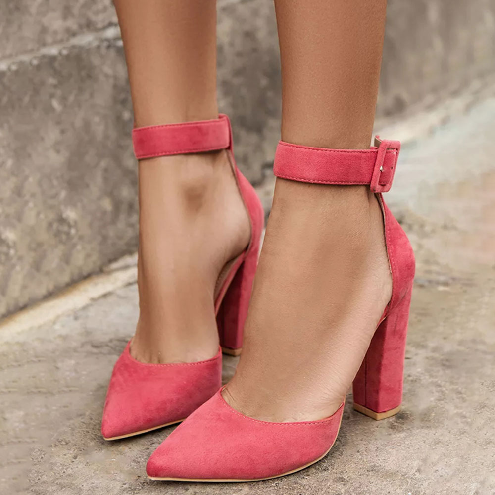 Peach Faux Suede Pointed Toe Buckle Fastening Ankle Strappy Pumps