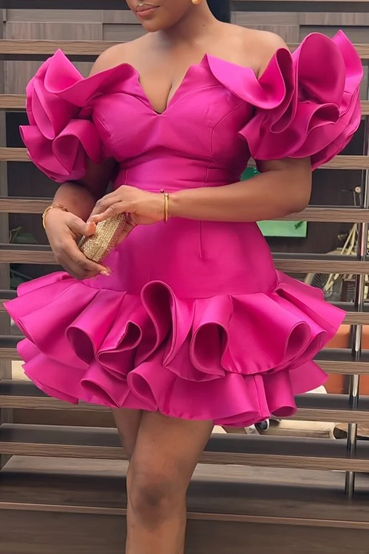 Plus Size Party Hot Pink Off The Shoulder Sundress Short Sleeve 3D Mini Dresses [Pre-Order] 2024 - Xpluswear