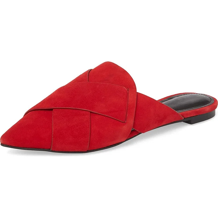 Red Vegan Suede Pointed Toe Braided Flat Mules for Women |FSJ Shoes