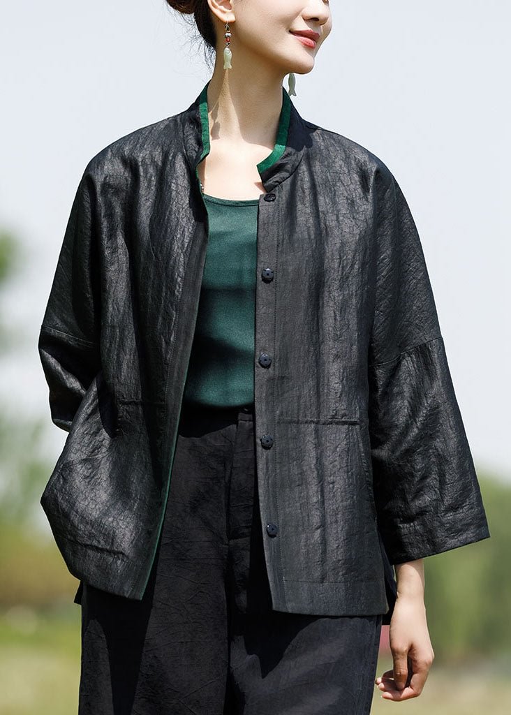 Boutique Black Green side open low high design Stand Collar Wear on both sides Silk Coats Spring CK584- Fabulory