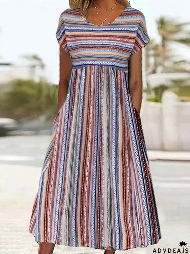 Women's Summer Dress Print Dress Stripe Print Pocket Crew Neck Midi Dress Fashion Streetwear Outdoor Daily Short Sleeve Regular Fit Rainbow Summer Spring S M L XL XXL