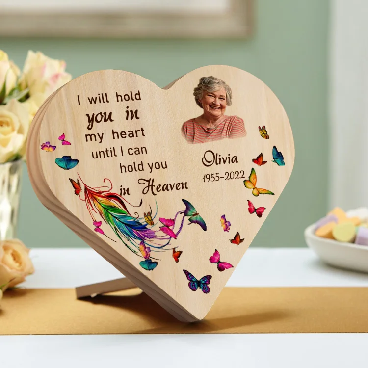 Personalized Memorial Wood Heart Ornament-Custom Heart Photo Wooden Desktop Decoration-I Will Hold You In My Heart