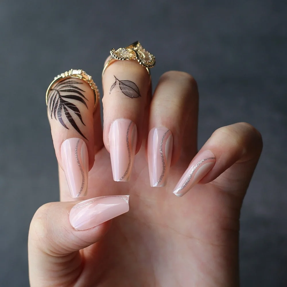 Gloosy Artificial Coffin Nails Fake Nails 24PCS Ballet False nails Nude glitter UV gel Naturally decorated nails-Nail Inspo