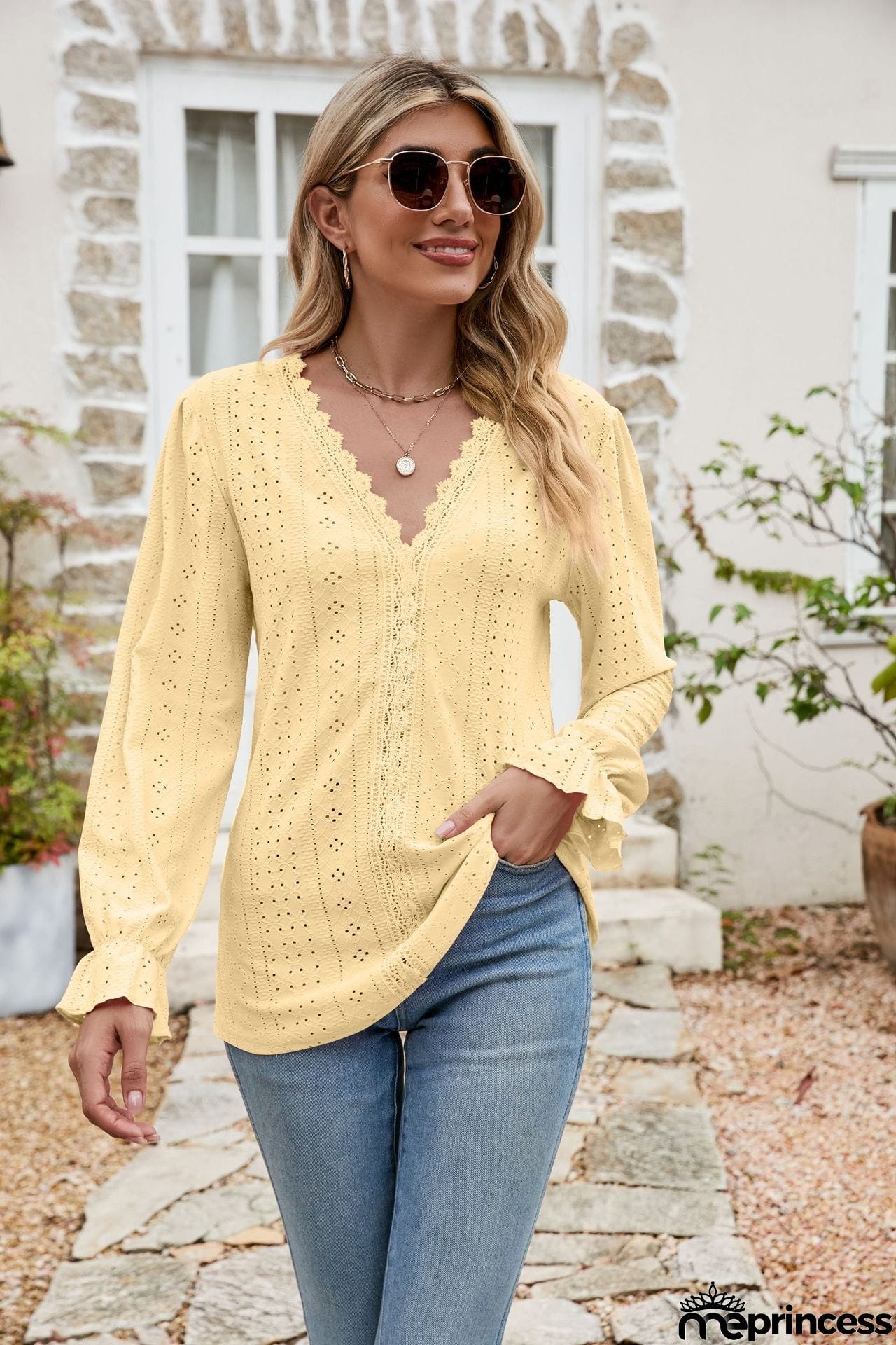 Eyelet Lace Trim Flounce Sleeve Blouse