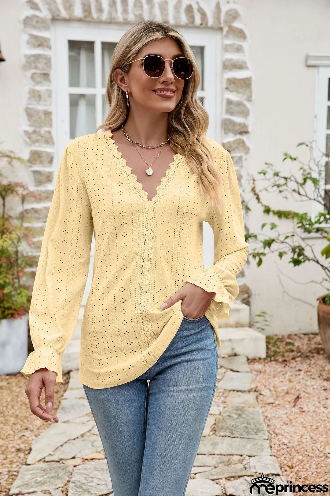 Eyelet Lace Trim Flounce Sleeve Blouse