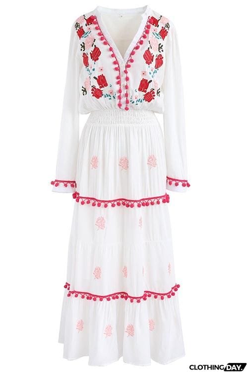 Embroidery Pom Pom Maxi Dress