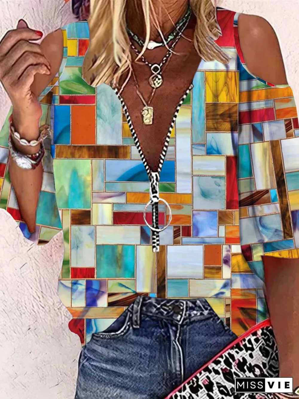 Women Casual Abstract Autumn Polyester V neck Daily Hot List Three Quarter Regular Tops