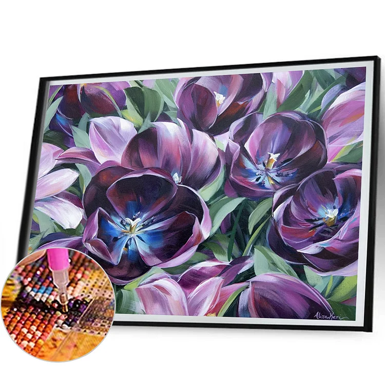 Purple Flowers - Partial Round Diamond Painting