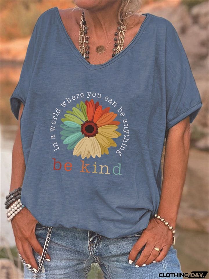 Women&rsquo;s Colorful Sunflower Print V Neck T-shirt