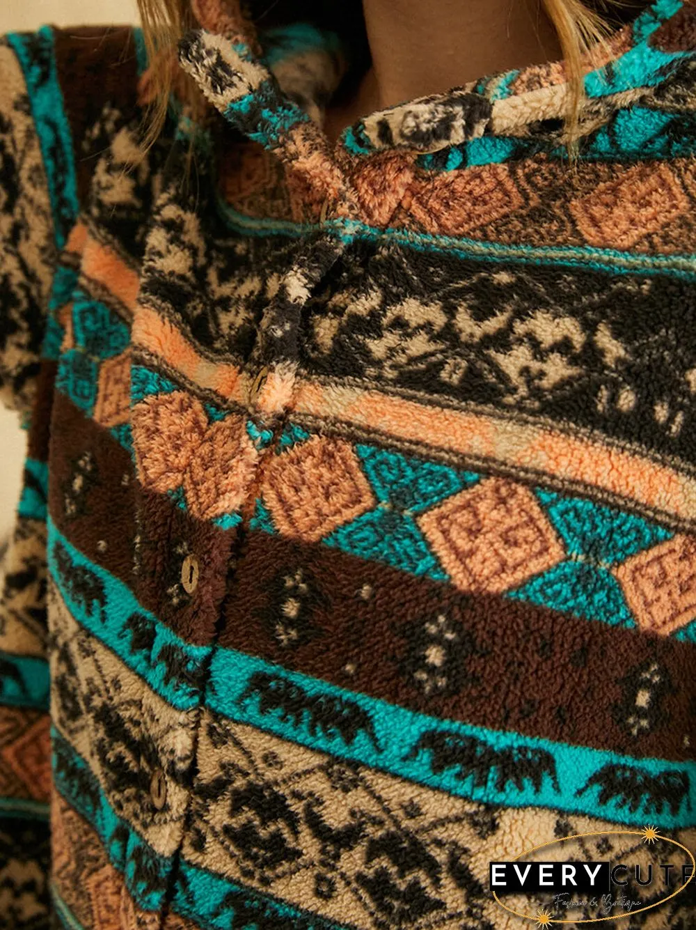 Vintage Ethnic Pattern Print Pocket Hooded Casual Coat for Women