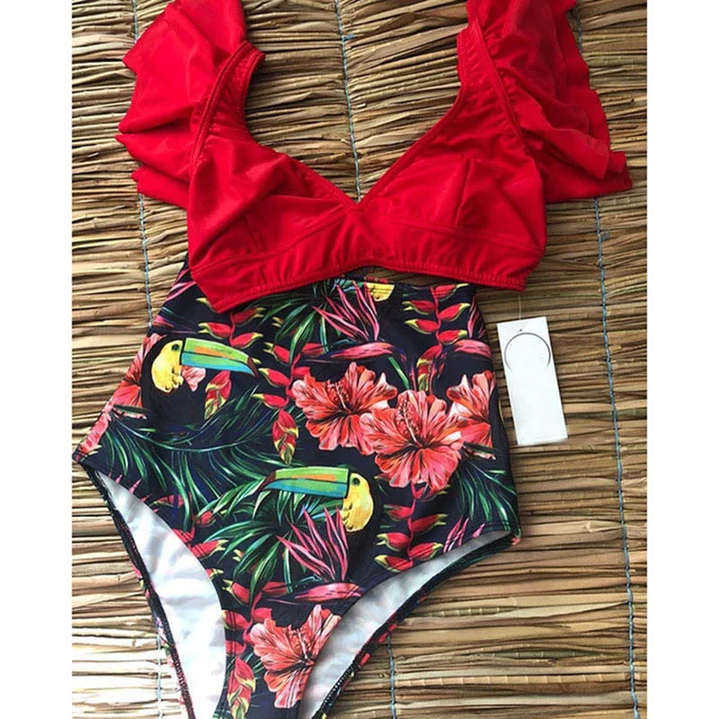 Floral Ruffled Hem Bikini Set Women Flora V-Neck High-Waisted Two Piece Swimsuit 2021 Girl Beach Bathing Suit Swimwear Biquinis