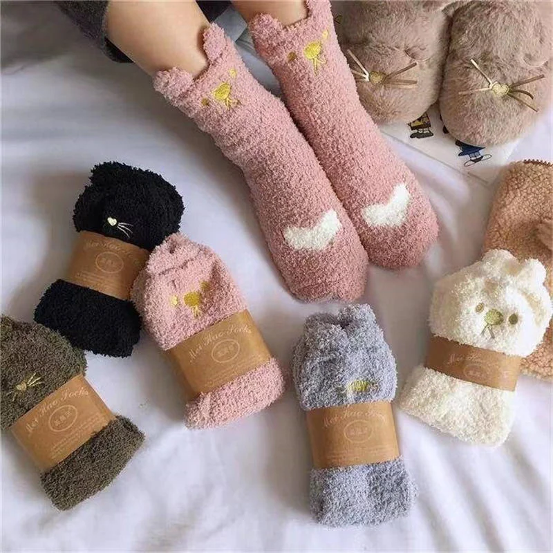 Winter Thicken Warm Women Socks Cute Cat Paw Cartoon Colorful Lovely Sleeping Home Floor Bedroom Socks Harajuku Kawaii Girl Sox