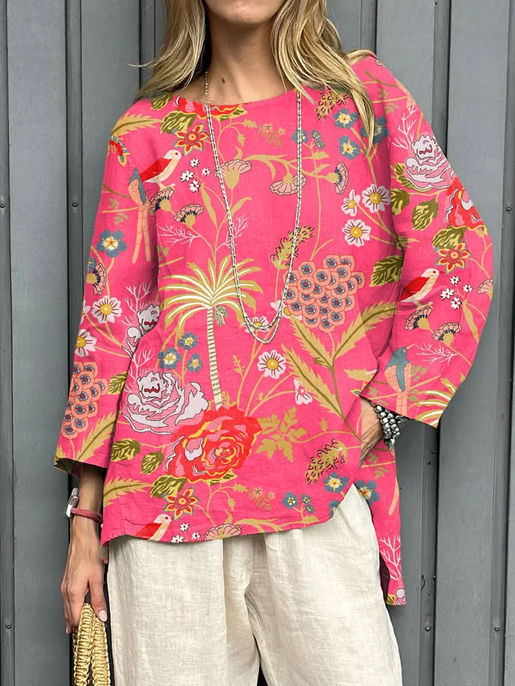 Women's  Vintage  Flowers  Art Print Casual Linen Round-neck  Shirt