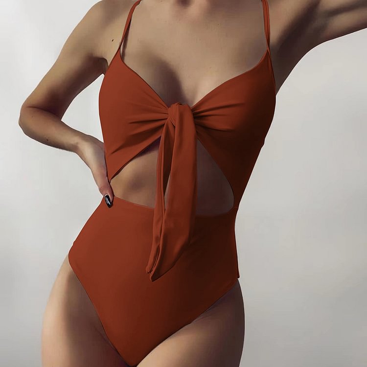 High Leg Knotted Front Cutout Bandeau One Piece Swimsuit - Shop Trendy Women's Clothing | LoverChic