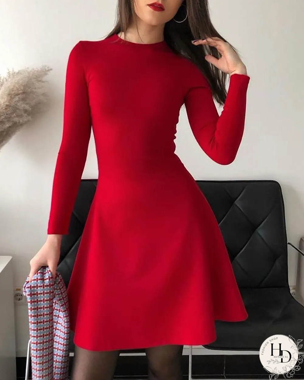 Long Sleeve Plain Casual Dress P13327