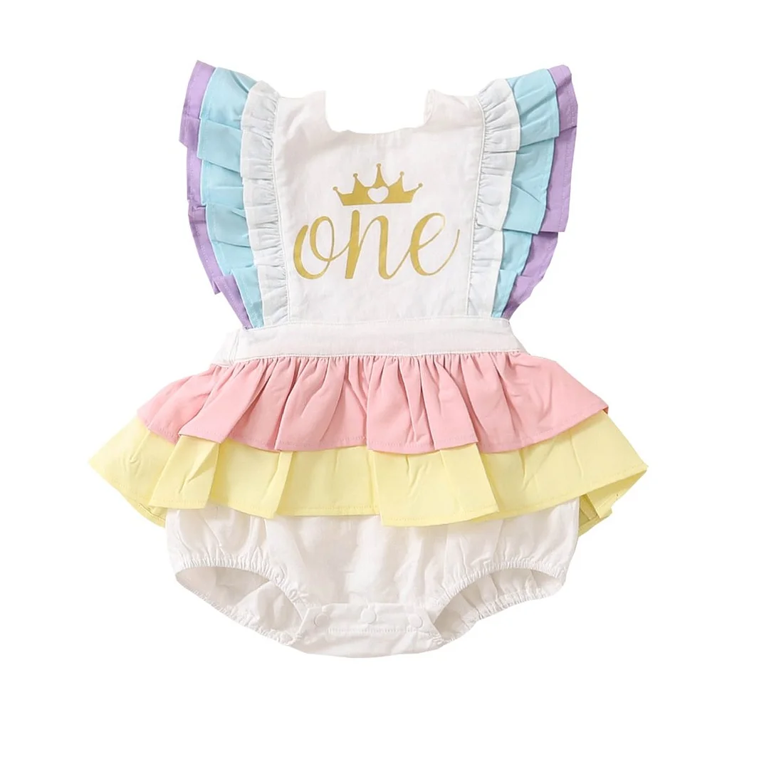 Infant Newborn Baby Girl Birthday Cotton Romper Ruffled Lace Sleeveless Golden Letter One Crown Jumpsuit Bow Fluffy Skirt