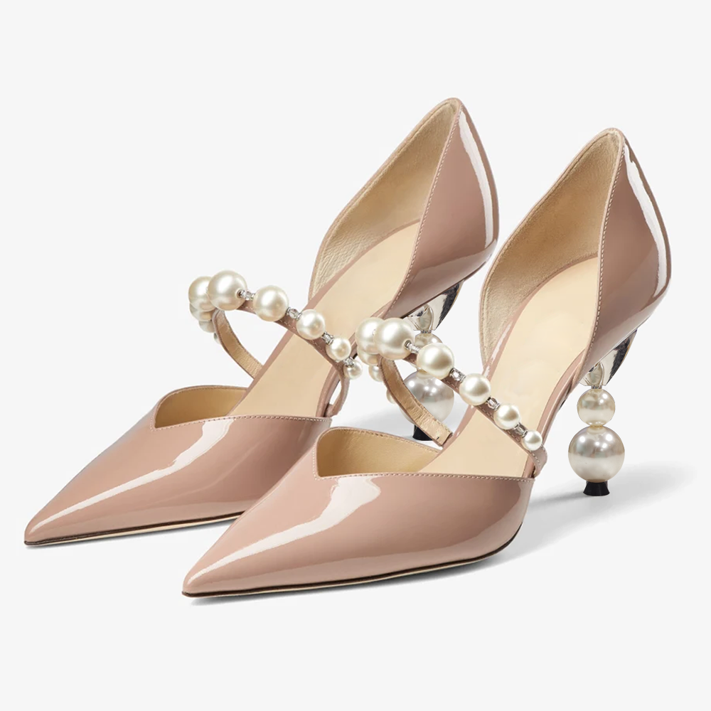 Nude Patent Leather Pointed Toe Pumps With Pearl Strap Decorative Heels Nicepairs