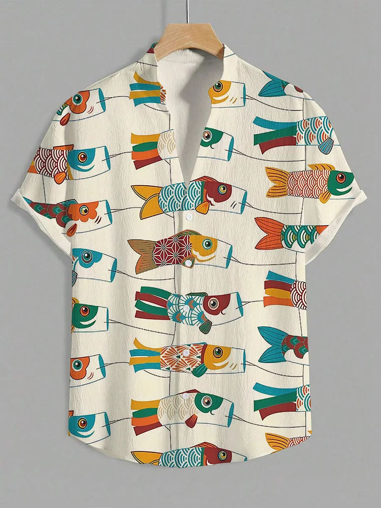Men's Koinobori Carp Streamers Print Short Sleeve Shirt