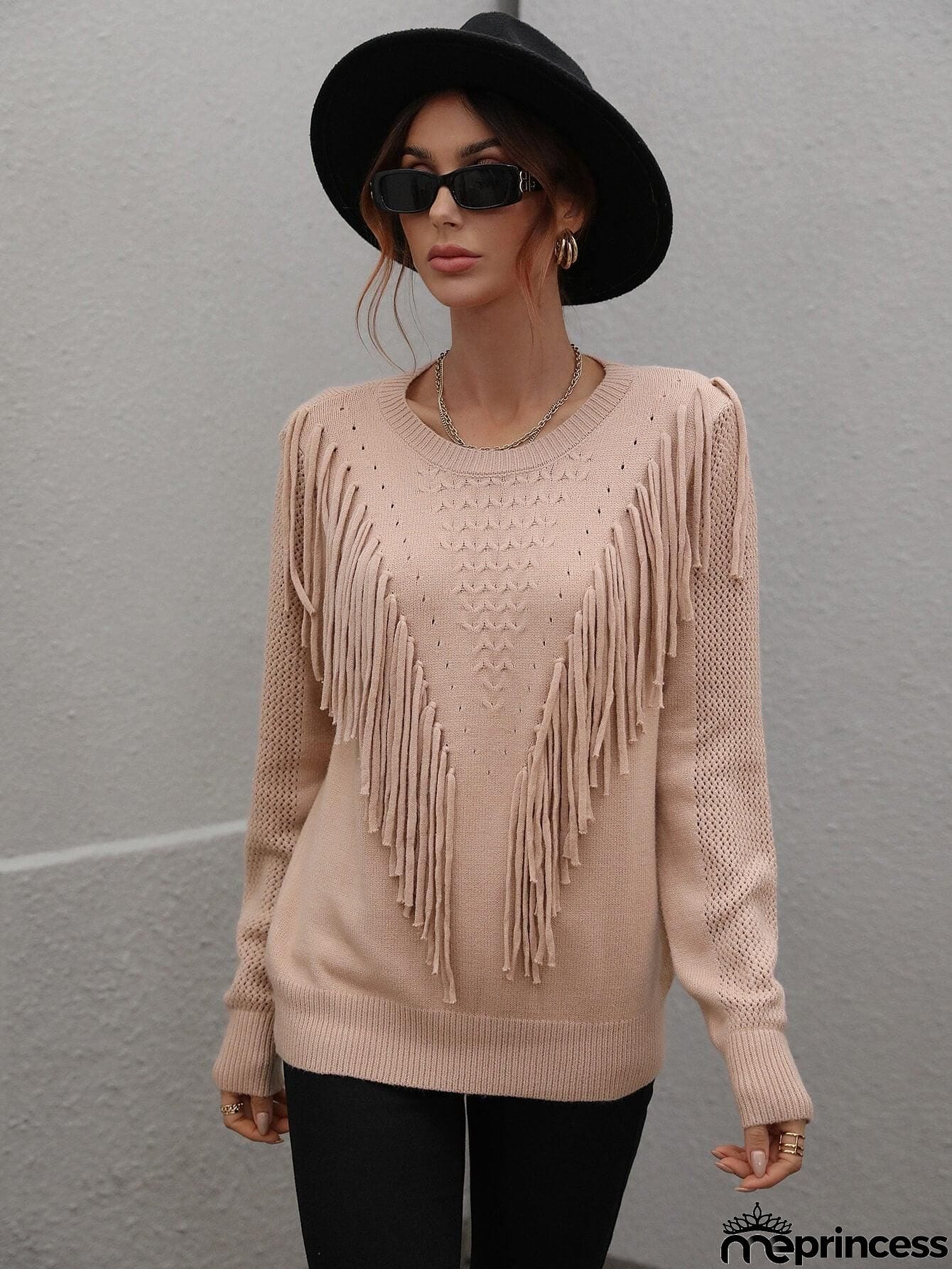 Fringe Detail Ribbed Trim Sweater