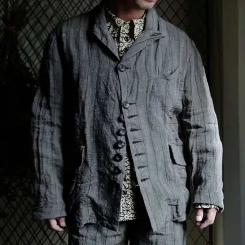 Men's Vintage Textured Stripe Cotton-Linen Suit Jacket