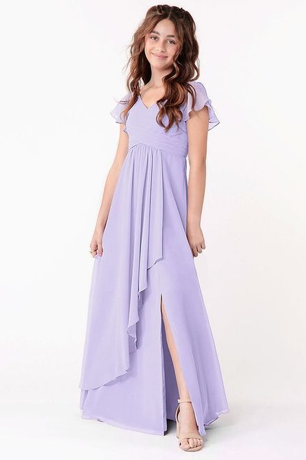 Daisda V Neck Ruffles Sleeves Slit Hi-Lo Junior Bridesmaid Dress