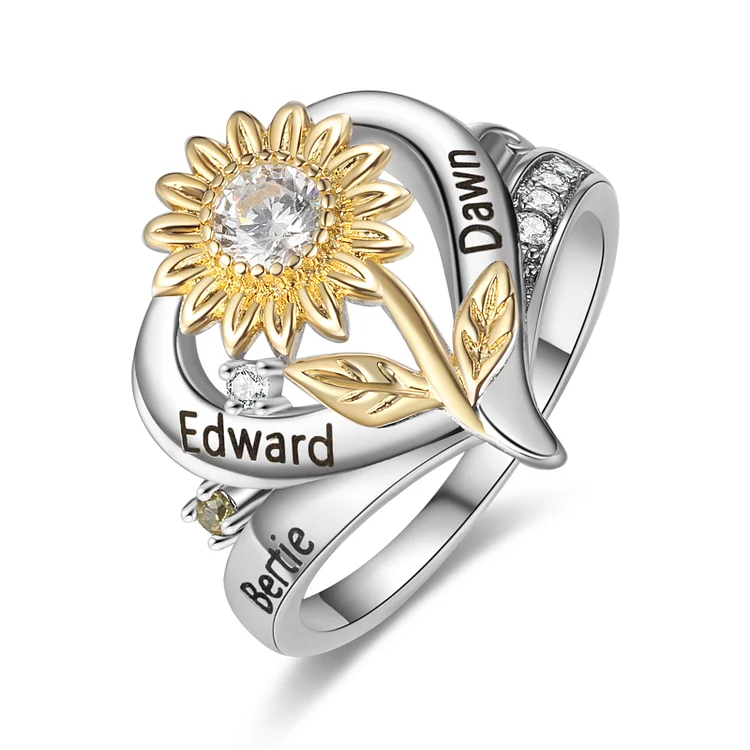 Personalisierter 3 Namen Sonnenblume Ring mit Geburtssteinen