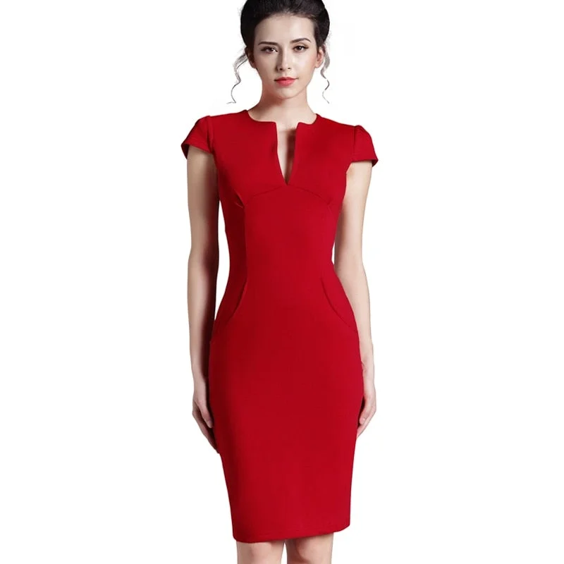 Office Women Vintage Summer Solid Deep V neck Zipper Back Formal Stretch Pencil work Bodycon Pocket Dress