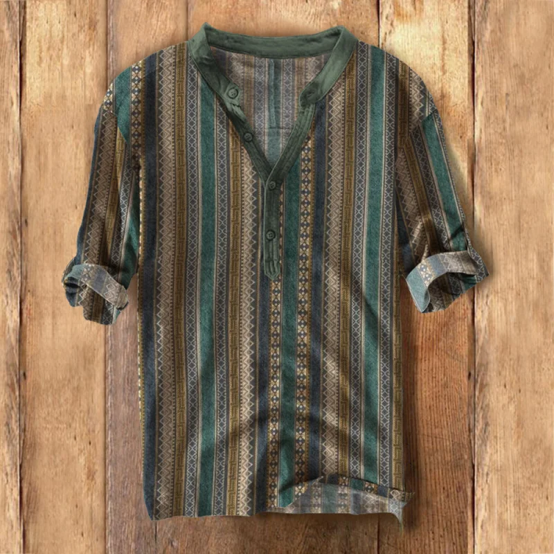 Men's multicolor vintage pattern cotton linen long sleeve t-shirt