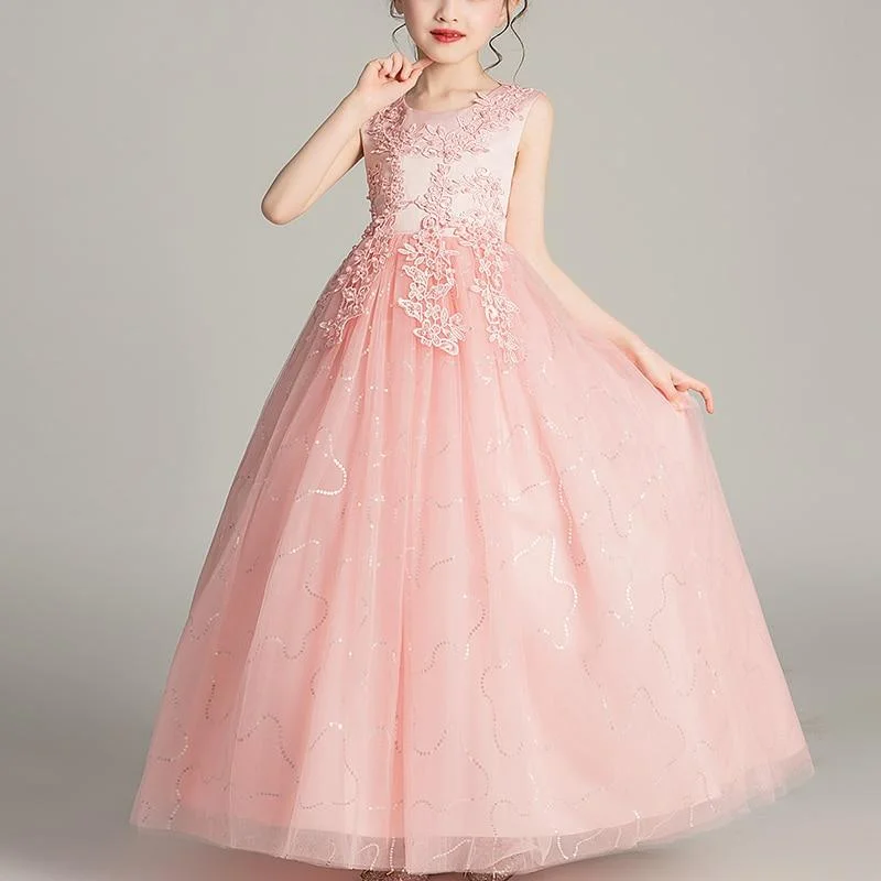 Kids Dresses For Girls Flower Ball Gown Birthday Wedding Party Princess Banquet Summer Sleveless Children's Long Dress