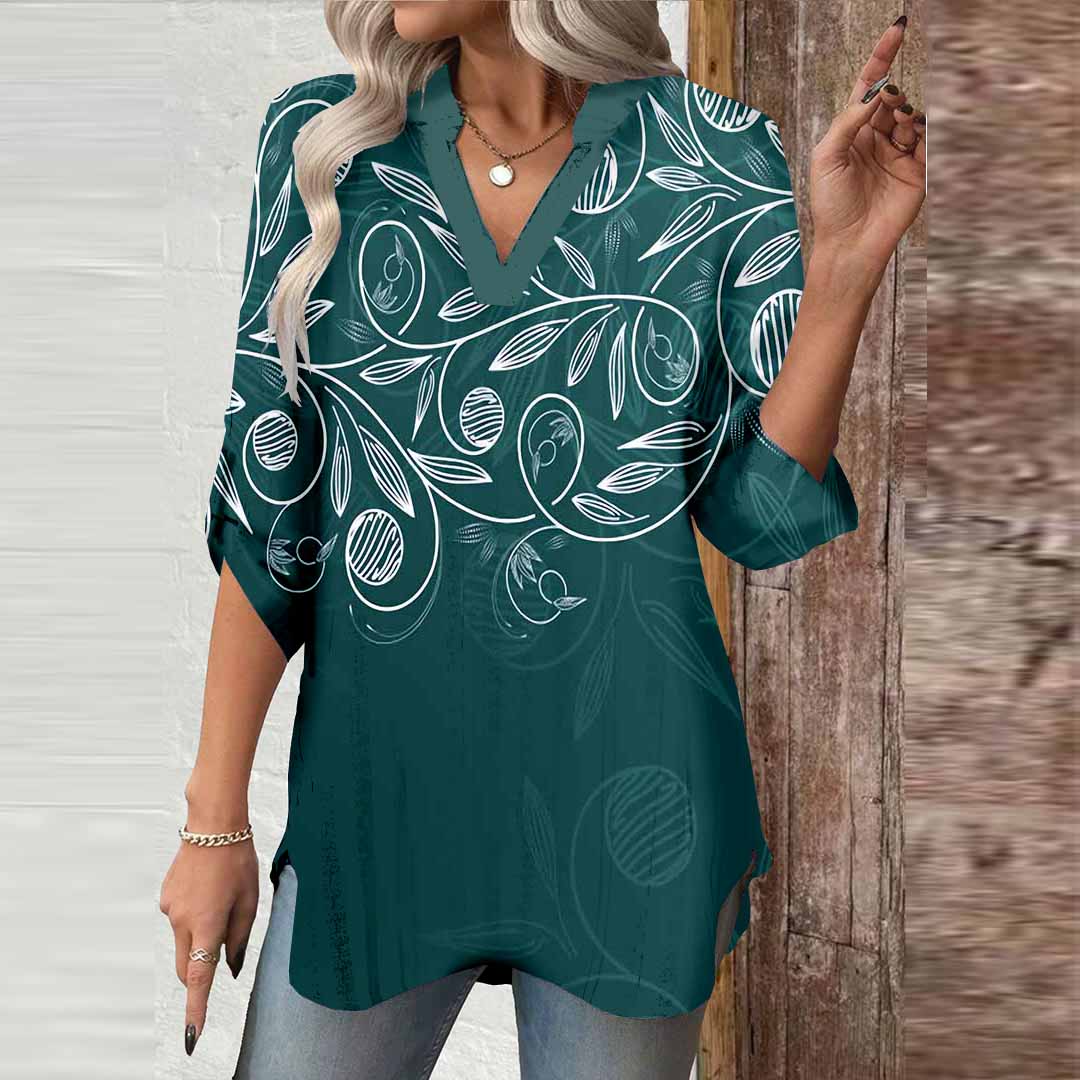Women Foliage, Dark Green, White DZGA0446 3/4 Sleeve V-neck Printed Graphic Button Tops