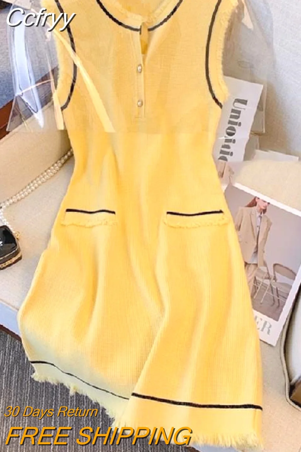 huibahe Summer Yellow Vintage Knitted Dress Women Sleeveless Round Neck A-line Mini Dresses Korean Fashion Elegant Ladies Vestido