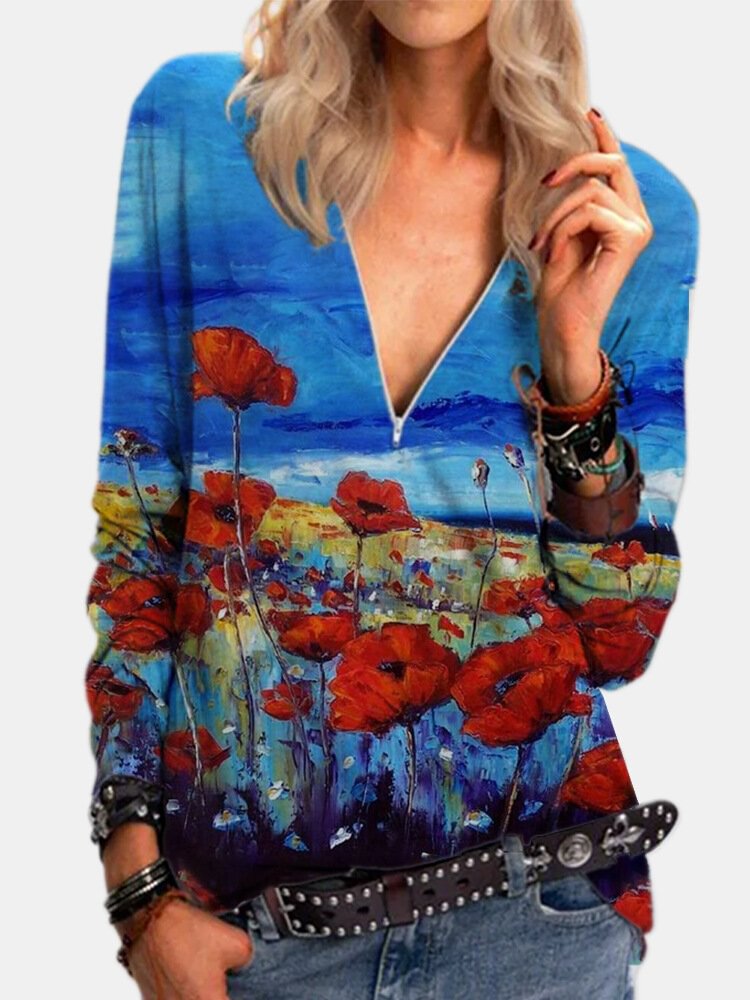 Flower Landscape Print Long Sleeve Blouse For Women P1776658