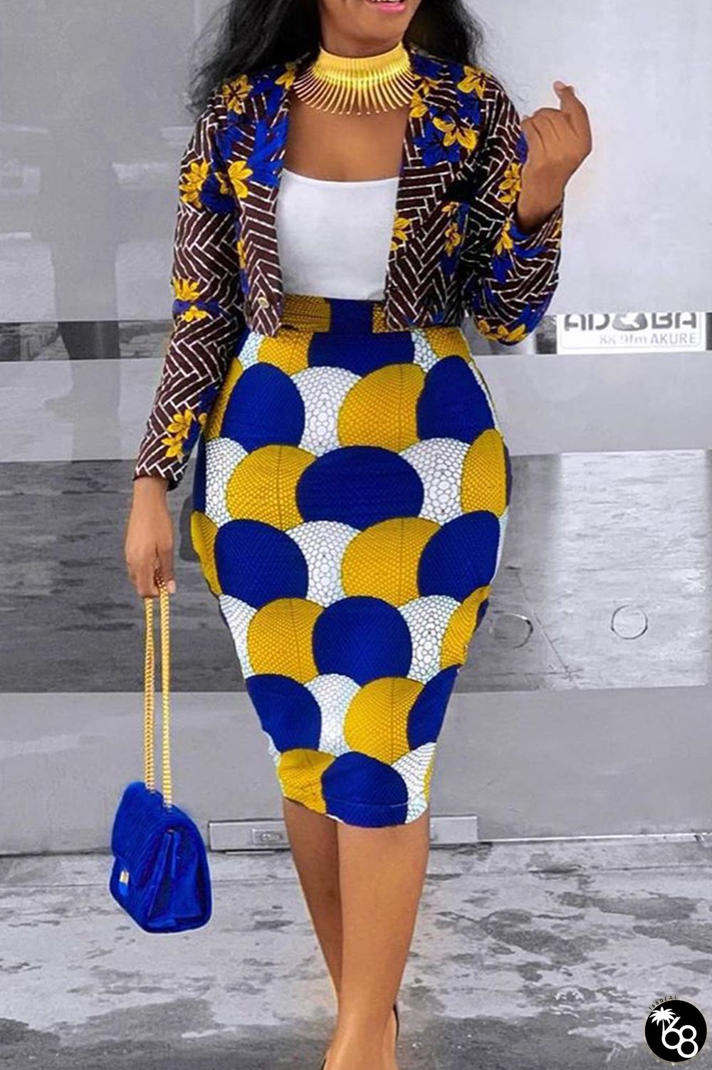 Elegant Print Patchwork Turn-back Collar Long Sleeve Two Pieces | 168DEAL