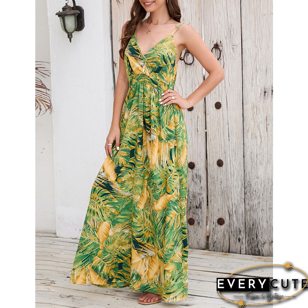 Light Green Bohemia Print V Neck Maxi Dress