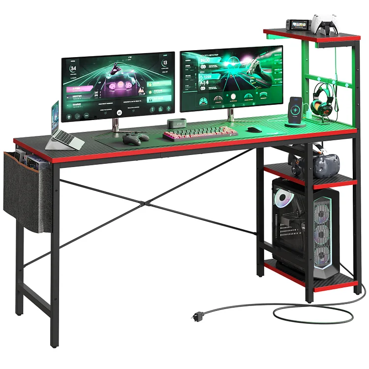 Bestier Reversible LED Computer Desk 63" Gaming Desk with Power Outlet 4 Tier Shelves