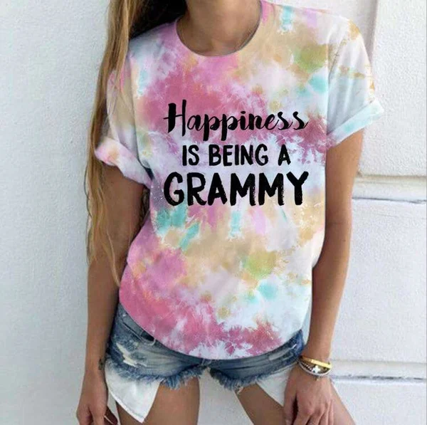 Cute Happiness Is Being A Grammy Printed T-Shirts For Women Short Sleeve Funny Round Neck Tee Shirt Casual Summer Tops