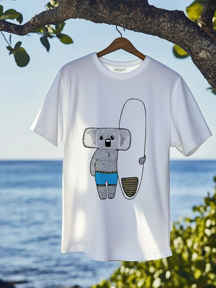 Men's Surfing Koala Graphic Print Cotton Casual T-Shirt