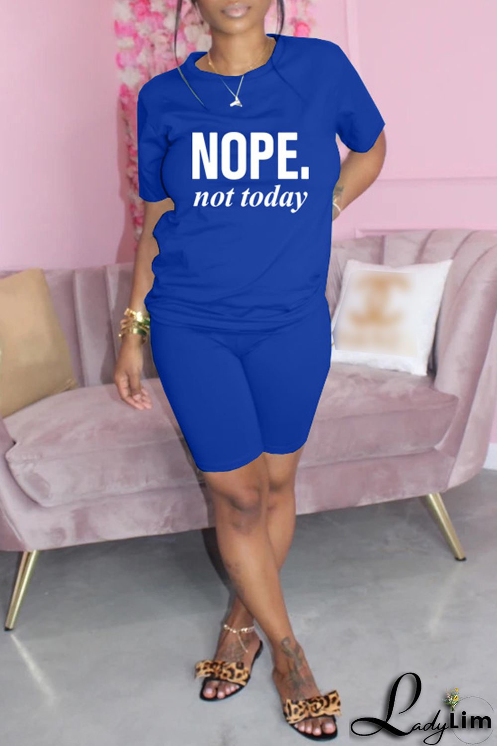 Blue Fashion Casual Letter Print Basic O Neck Short Sleeve Two Pieces