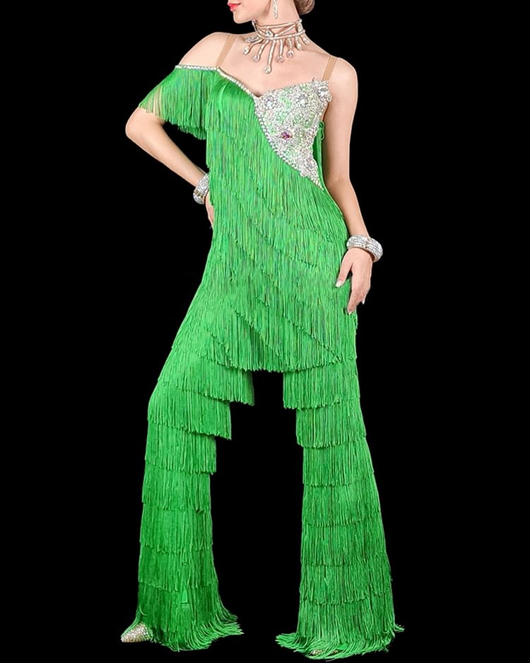 Rhinestone Mosaic Suspenders Fringed Jumpsuit
