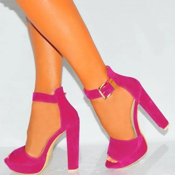 Fuchsia Vegan Suede Platform Chunky Heel Ankle Strap Sandals |FSJ Shoes