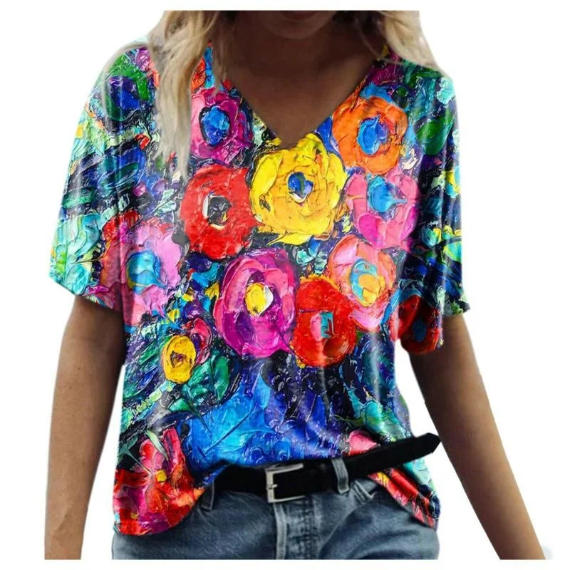 New women's landscape floral print casual loose V-neck short sleeve tee for women