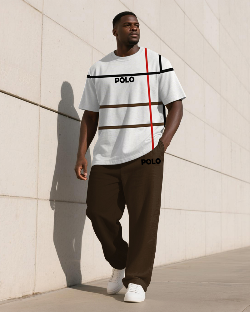 Men's Plus Size White Geometric Alphabet Print T-shirt Trousers Suit
