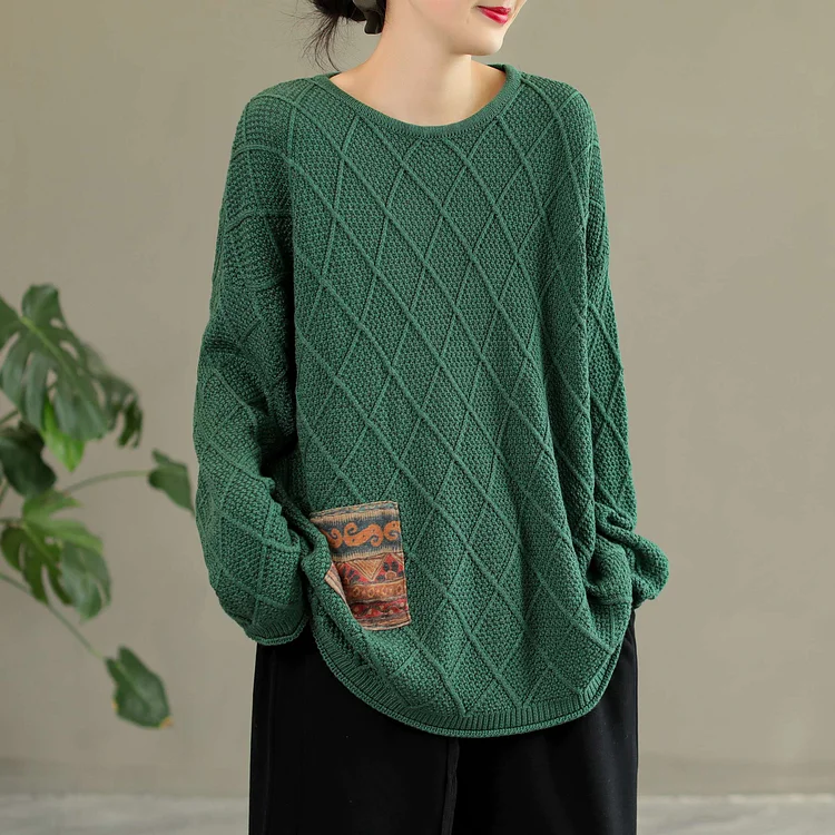 Women Retro Rhombus Patchwork Cotton Loose Sweater