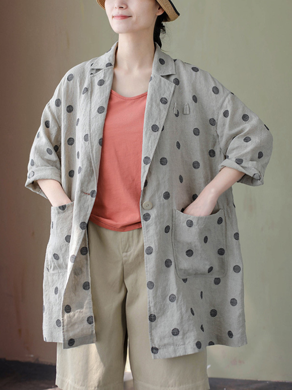 Artsy Vintage Hemp Polka Dot Jacquard Loose Suit Trench Coat