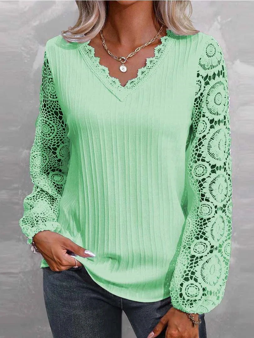 Women Long Sleeve V-neck Solid Lace Tops