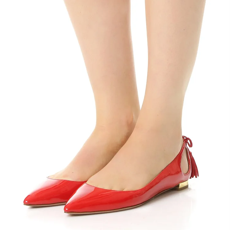Red Pointy Toe Flats Hollow out Pumps Fringes Heels |FSJ Shoes